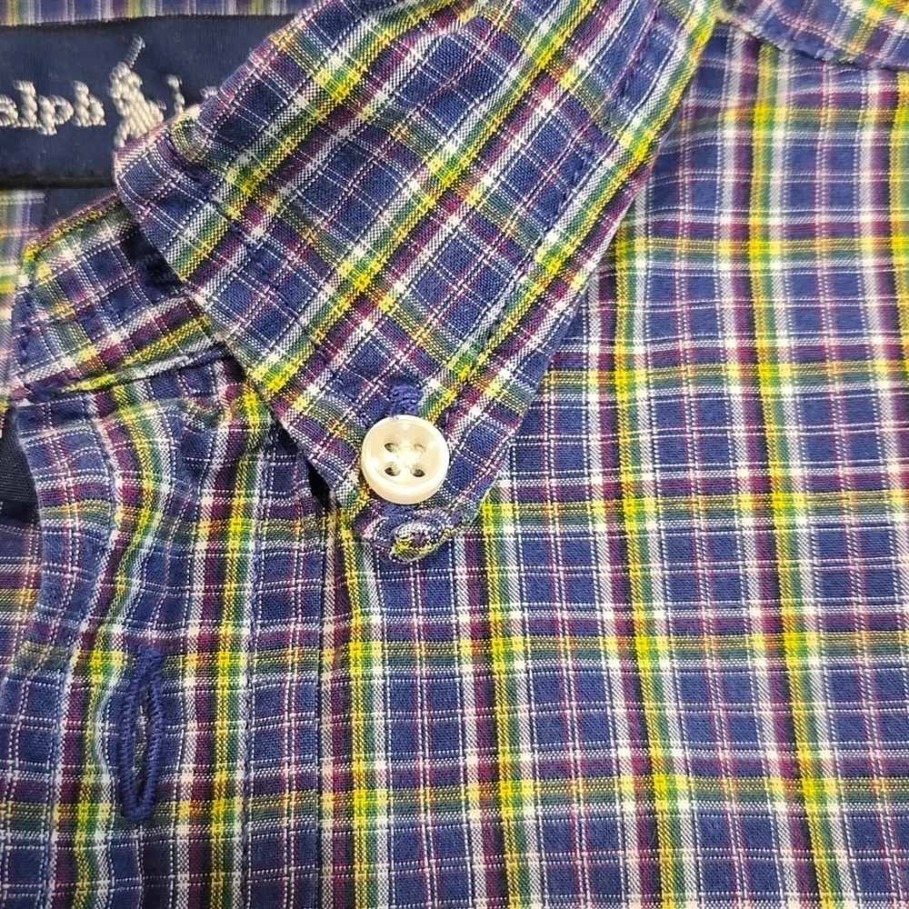 RALPH LAUREN BLUE,GREEN,YELLOW PLAID BUTTON-DOWN LONG SLEEVE W/ PONY LOGO. SZ 5.